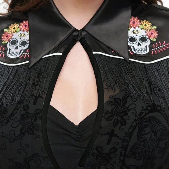 Unique Vintage 1950s Black Flocked  Dia De Los Muertos Duster Sz #3 M #50 - Picture 2 of 12